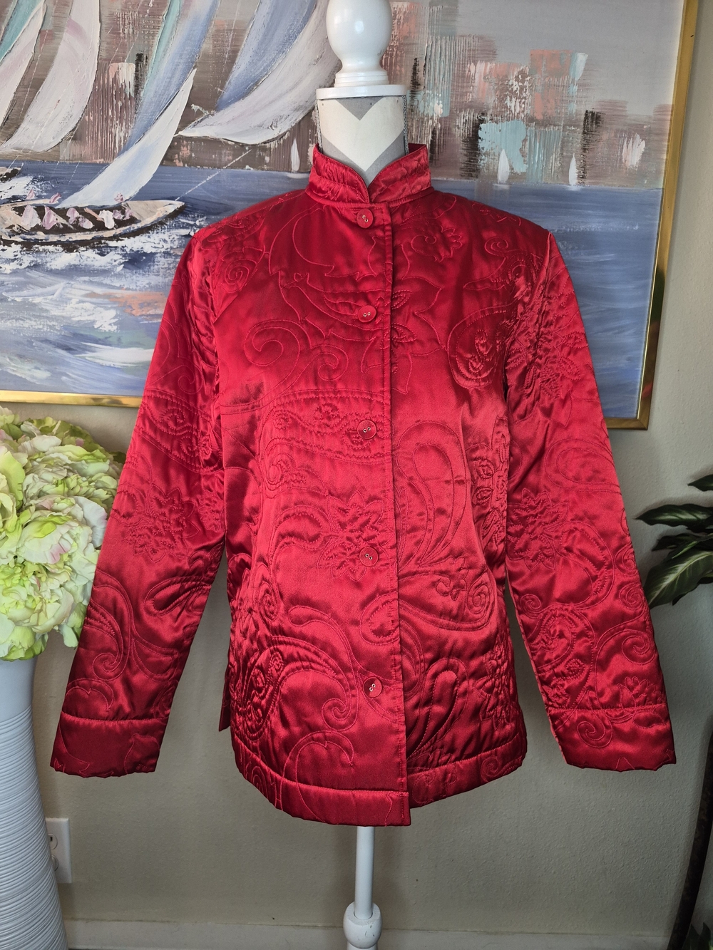 Classic Elements Red Quilted Satin Mandarin Collar Puffer Jacket